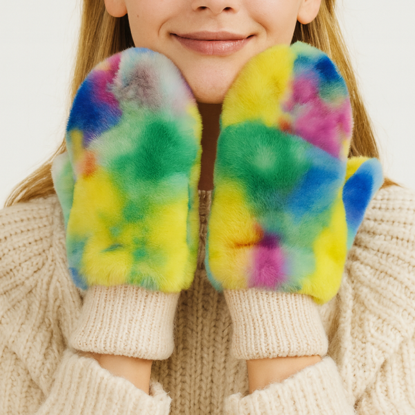 Tie-Dye Faux Fur Orange Mittens – Warm Cozy Winter Fashion Gloves Wo
