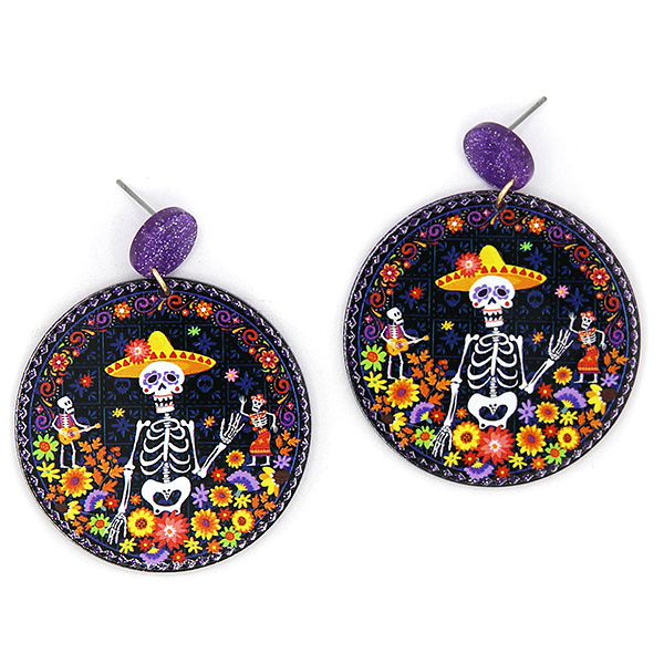 Sugar Skull Sombrero Earrings Glitter Resin Floral Floral Day Of Dead