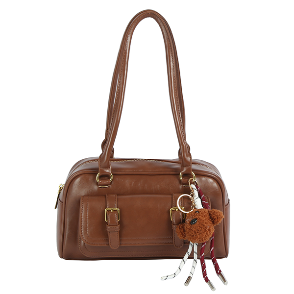 Front Buckle Pocket Boston Satchel Bag Charm Top Handle Coffee Brown