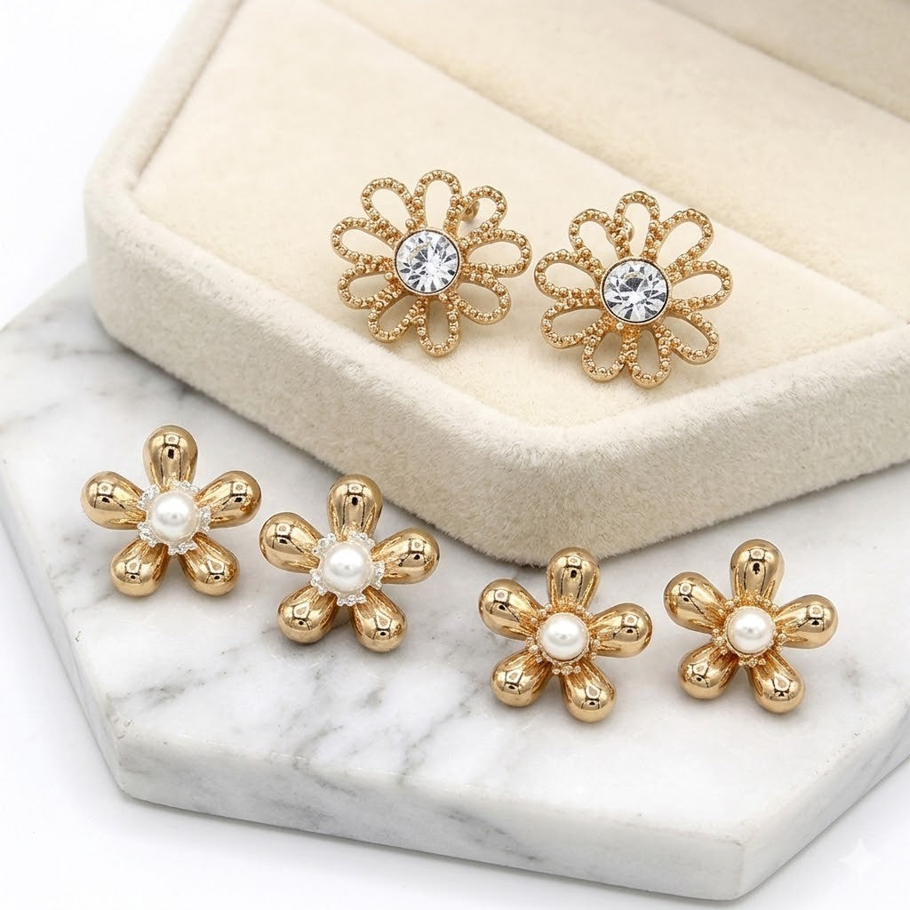 Vintage Bubbly Floral Center Pearl Earrings Gold Silver Two-Tone State