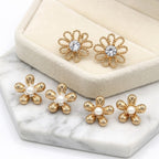 Vintage Bubbly Floral Center Pearl Earrings Gold Silver Two-Tone State