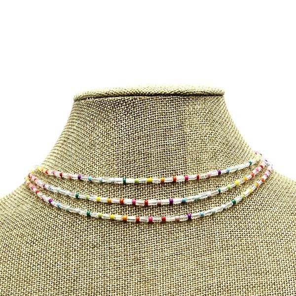 Frenzy 3 Line Clear Bead Choker Necklace Multi Color Beaded Fashion Je