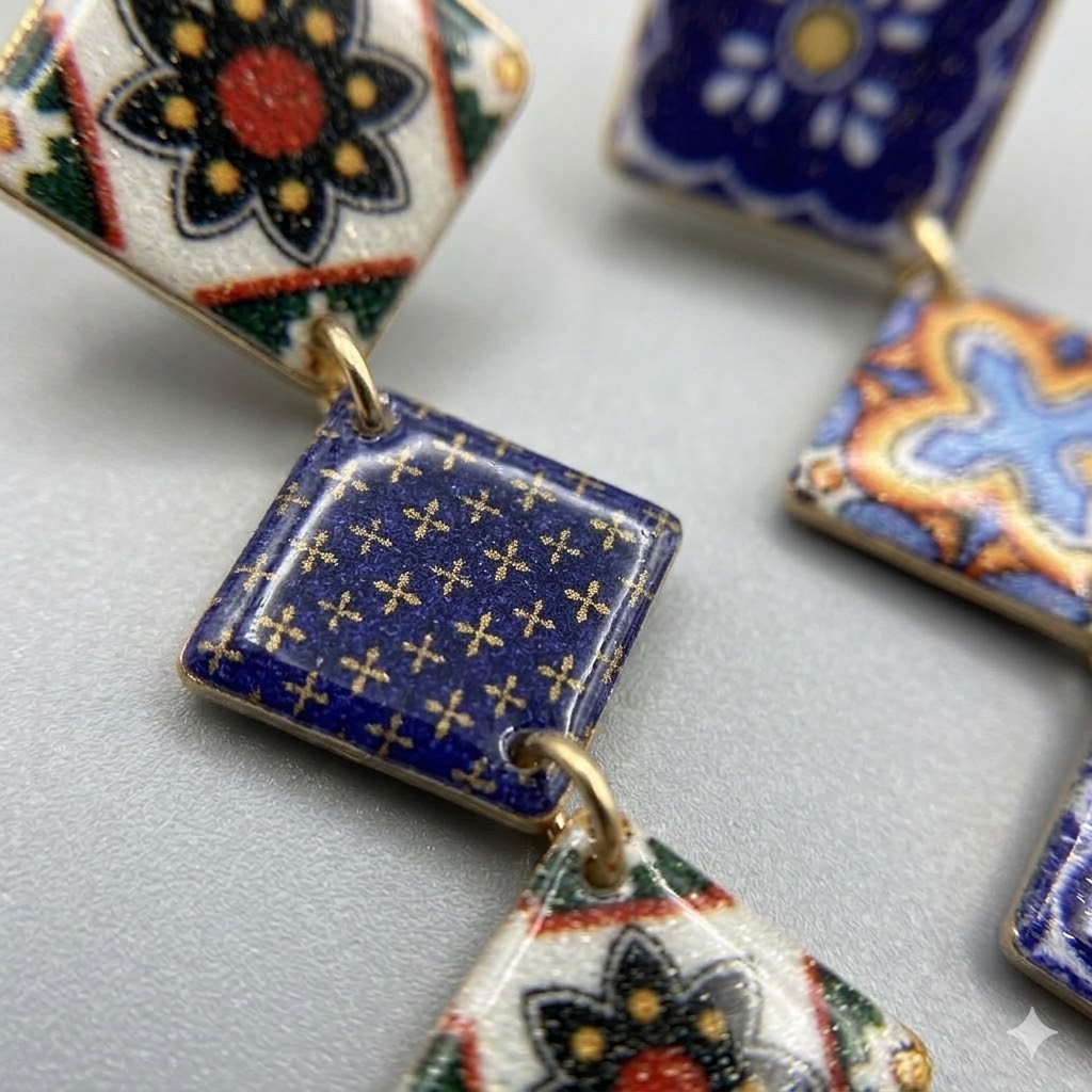 Glitter Resin Talavera 3 Tier Drop Earrings Colorful Statement Dangle