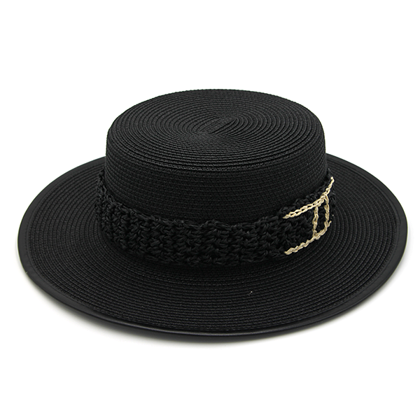 Straw Double C Band Boater Sun Hat – Wide Brim Summer Beach Sun Hat