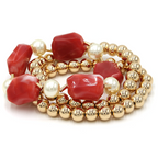 Resin Stone & Gold Bead Bracelet Set Multi-Color Faux Pearl Stretch Ba