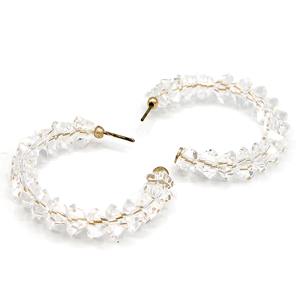 Crystal Glass Bead Hoop Earrings - C-Shaped Iridescent Statement