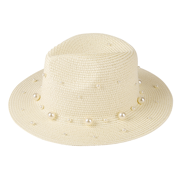 Fedora Straw Hat Ivory Pearl Trim H3036 Summer Sun Beach Travel Access