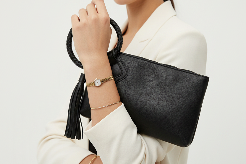 Black leather clutch with a tassel on a white background