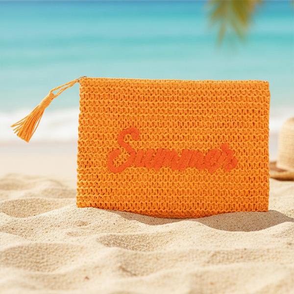 Women Straw Summer Embroidered Pouch Beach Bag Small Handbag Travel Ac