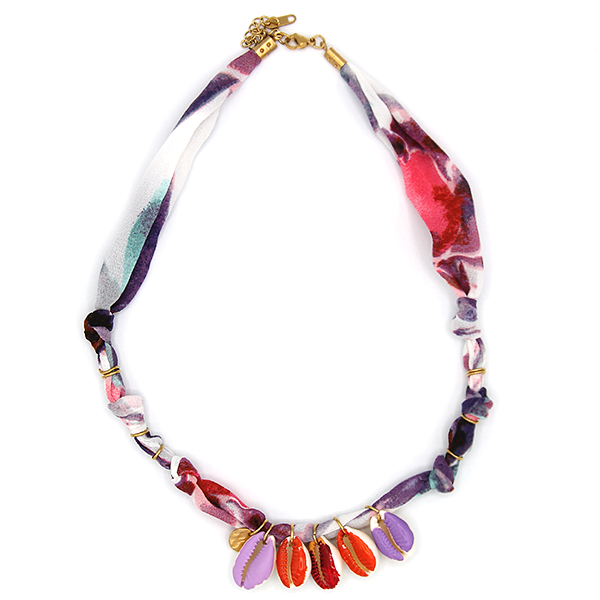Floral Scarf Necklace White Silk Feel Cowrie Sea Shell Charms Boho Coa