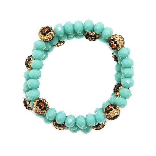 Bach 3 Set Beaded Leopard Rhinestone Ball Turquoise Stretch Bracelet S