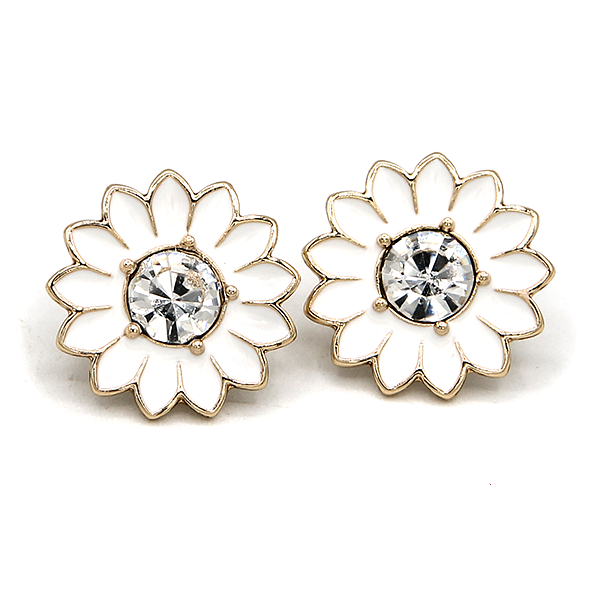 Vintage Enamel Floral Crystal Accent White Earrings Elegant Jewelry