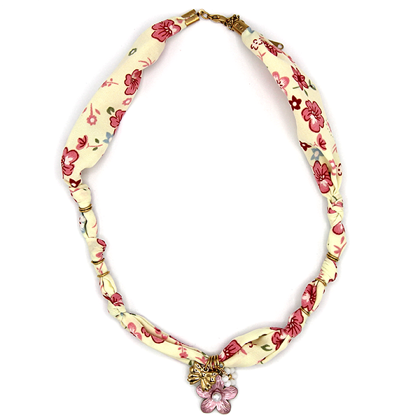 Floral Scarf Necklace White Silk Feel Cowrie Sea Shell Charms Boho Coa