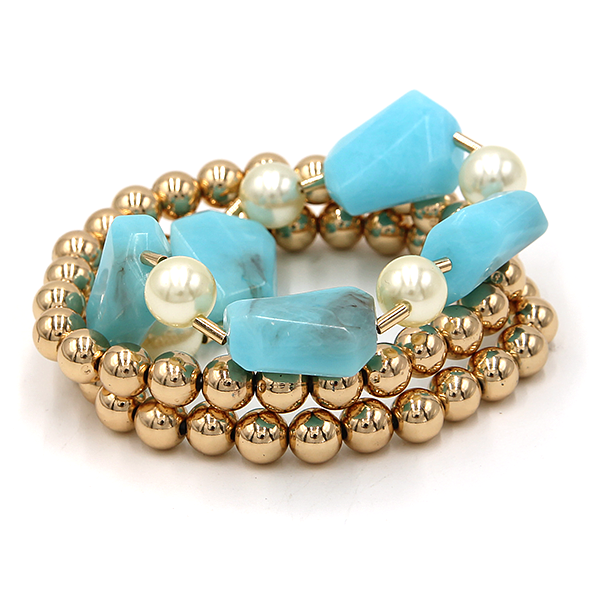Resin Stone & Gold Bead Bracelet Set Multi-Color Faux Pearl Stretch Ba