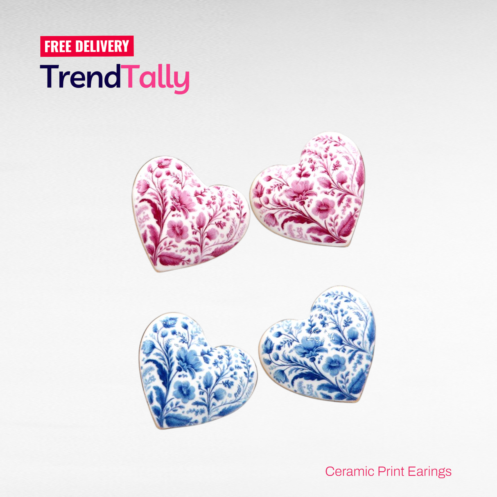 Ceramic Print Heart Earrings Pink Blue Floral Boho Romantic Drop State