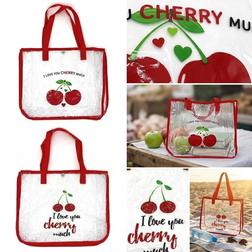Transparent Cherry Print Tote Bag I Love You Cherry Much Clear Red Bea
