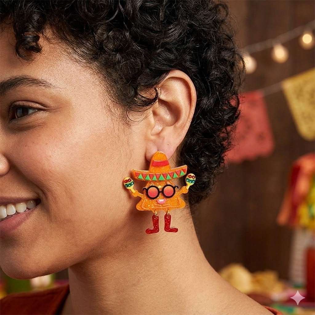 Glitter Resin Dancing Nacho Earrings Cute Food Jewelry Fun Statement