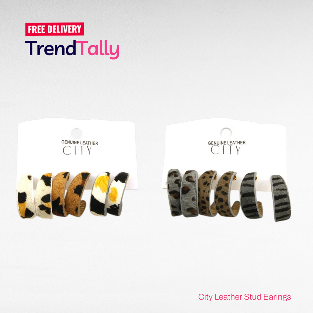 City Leather C Stud Earring Set 3 Pairs Leopard Print Gold Tone Animal