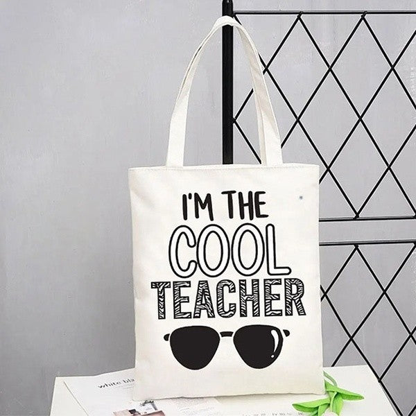 Story Canvas “I’m The Cool Teacher” Tote Bag Black White Funny T