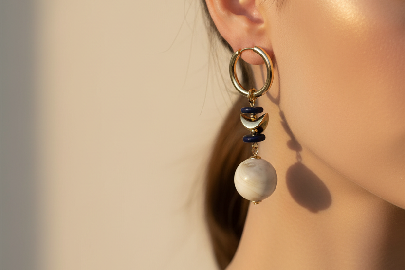 Gold hoop earrings with blue beads and large white beads on a white background
