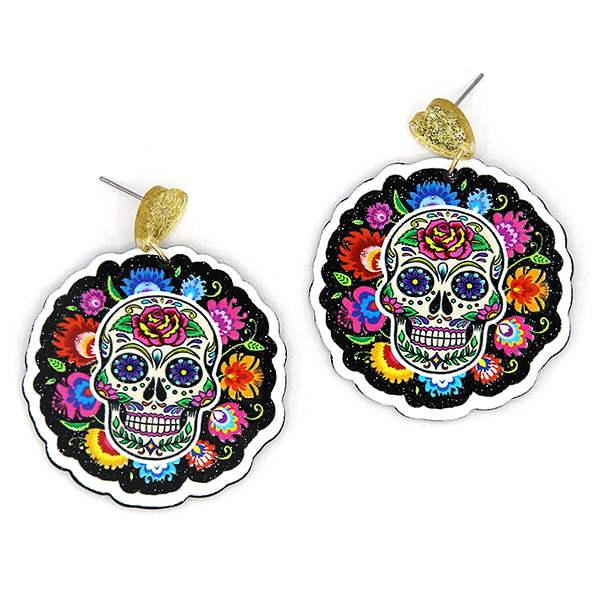 Sugar Skull Sombrero Earrings Glitter Resin Floral Floral Day Of Dead