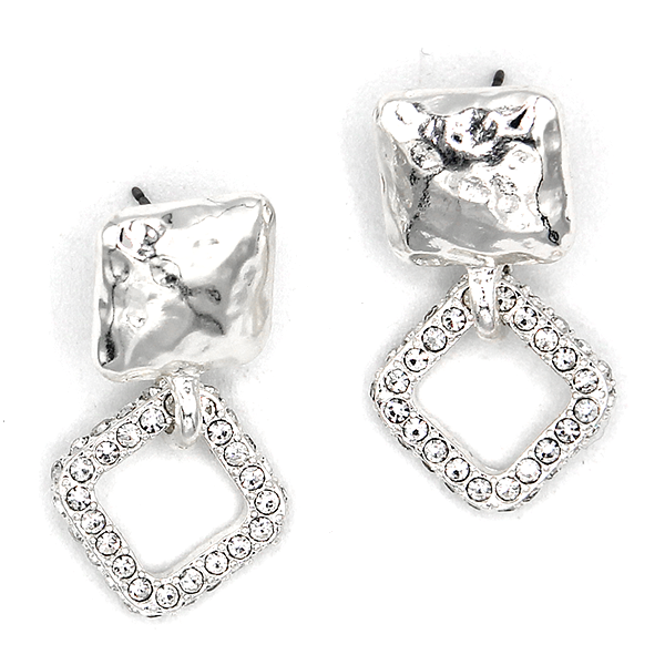 Hammered Gold Square Earrings Rhinestone Statement Dangle Textured Met