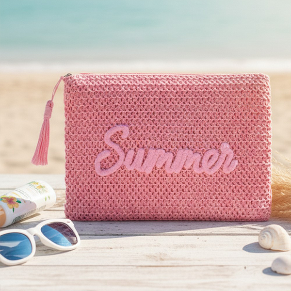 Women Straw Summer Embroidered Pouch Beach Bag Small Handbag Travel Ac