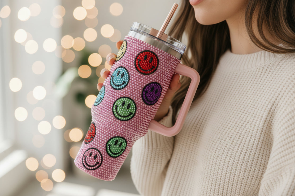 Pink tumbler with smiley face patterns on a white background