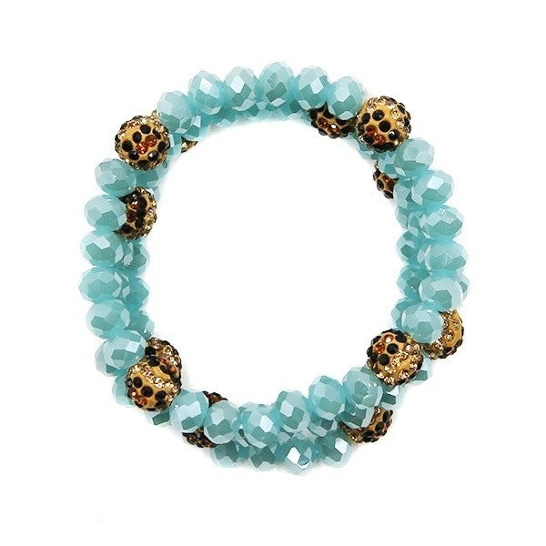 Bach 3 Set Beaded Leopard Rhinestone Ball Turquoise Stretch Bracelet S