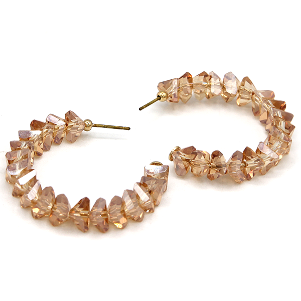 Crystal Glass Bead Hoop Earrings - C-Shaped Iridescent Statement