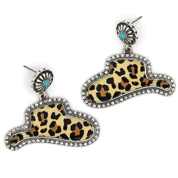 Western Longhorn Leopard Print Drop Earrings Silver Tone Post Stud Boh