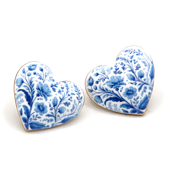 Ceramic Print Heart Earrings Pink Blue Floral Boho Romantic Drop State