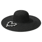 Straw Sun Hat w/ Rhinestone Heart Patch – Wide Brim Summer Beach Hat
