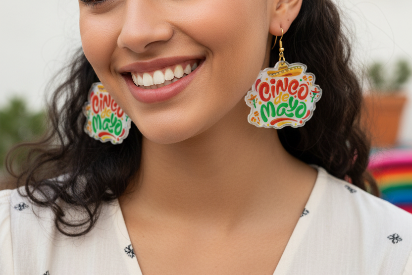 Colorful 'Cinco de Mayo' earrings on a white background