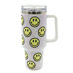 Rhinestone Happy Face 40 oz Tumbler Yellow Pink Ombre Insulated Cup wi