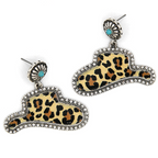 Western Longhorn Leopard Print Drop Earrings Silver Tone Post Stud Boh