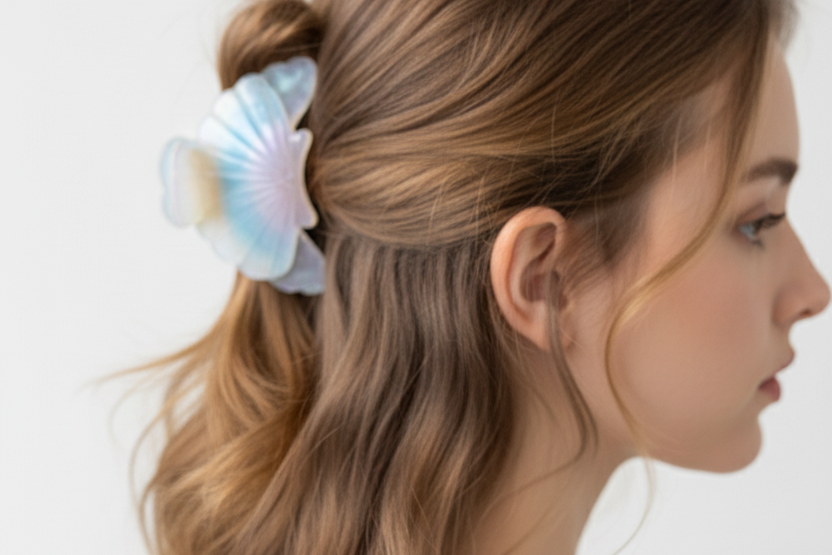 Shell-shaped hair clips in pastel colors on a white surface