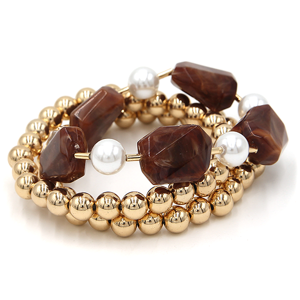 Resin Stone & Gold Bead Bracelet Set Multi-Color Faux Pearl Stretch Ba