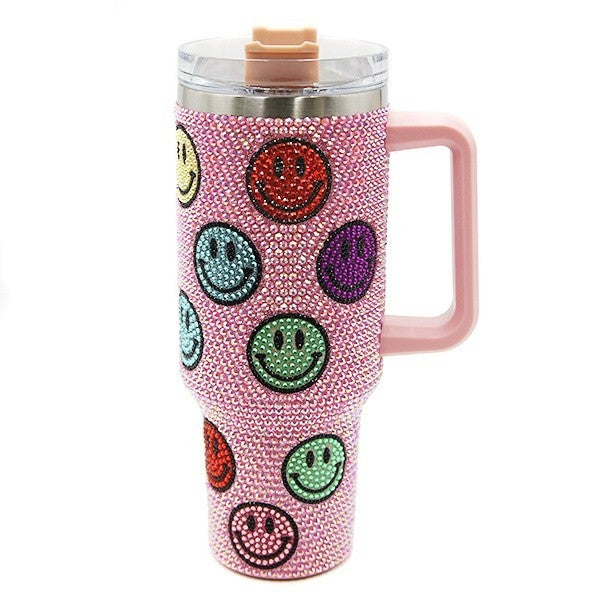 Rhinestone Happy Face 40 oz Tumbler Yellow Pink Ombre Insulated Cup wi
