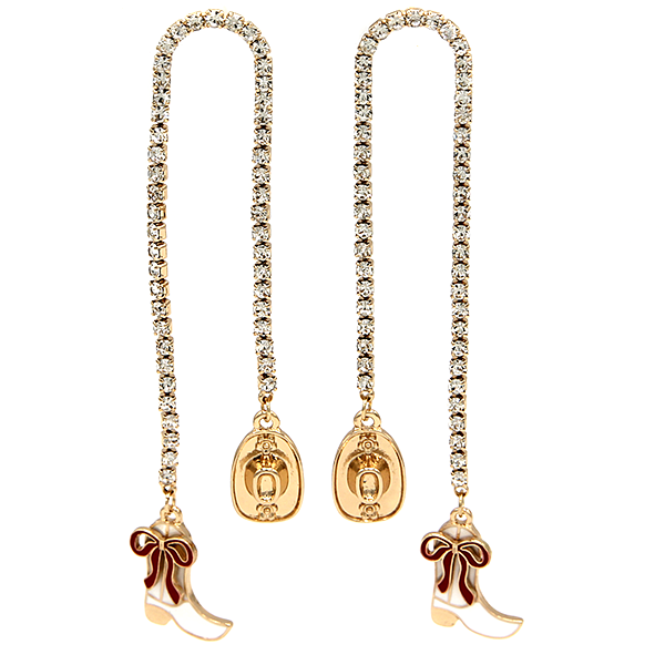 Gold Rhinestone Arch Cup Chain Earrings Western Cowgirl Statement Dangles drop "3.25" L x ."6" W