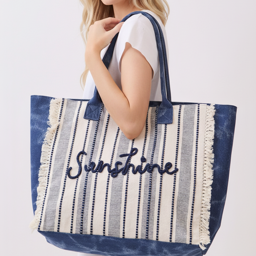 Toami Vintage Sunshine Stripe Fringe Tote Bag Beach Shopper Boho Large