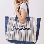 Toami Vintage Sunshine Stripe Fringe Tote Bag Beach Shopper Boho Large