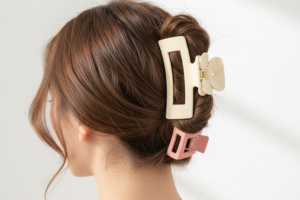 Set of four hair clips in beige, pink, and floral design on a light surface.