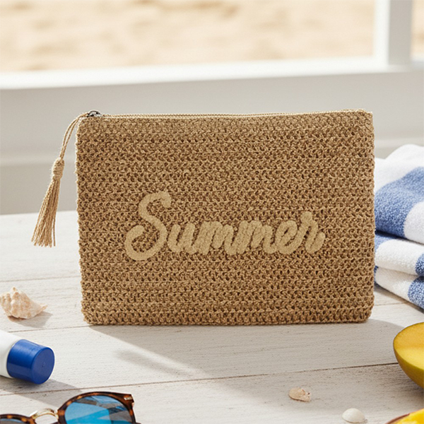 Women Straw Summer Embroidered Pouch Beach Bag Small Handbag Travel Ac