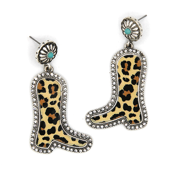 Western Longhorn Leopard Print Drop Earrings Silver Tone Post Stud Boh