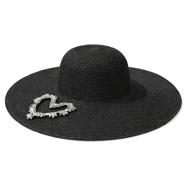 Straw Sun Hat w/ Rhinestone Heart Patch – Wide Brim Summer Beach Hat
