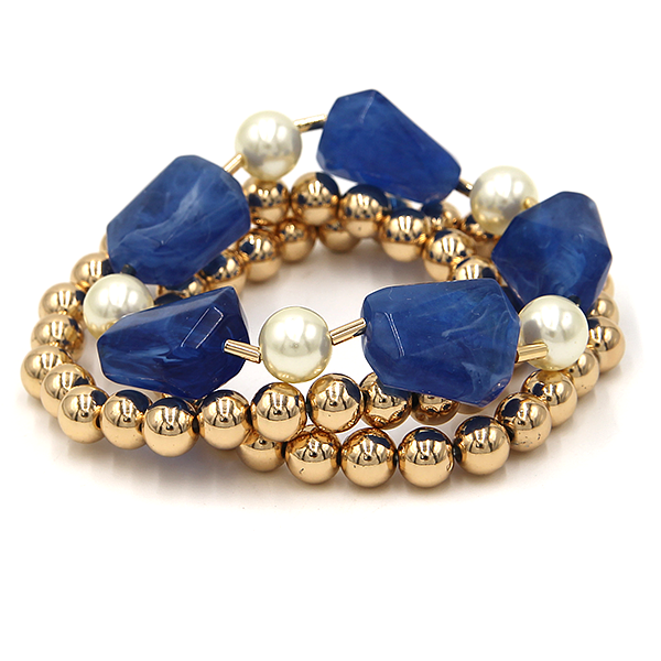 Resin Stone & Gold Bead Bracelet Set Multi-Color Faux Pearl Stretch Ba