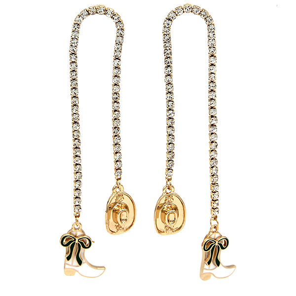 Gold Rhinestone Arch Cup Chain Earrings Western Cowgirl Statement Dangles drop "3.25" L x ."6" W