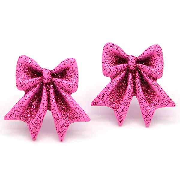 Glitter Ribbon Bow Earrings Silver Pink Sparkle Coquette Aesthetic Sta