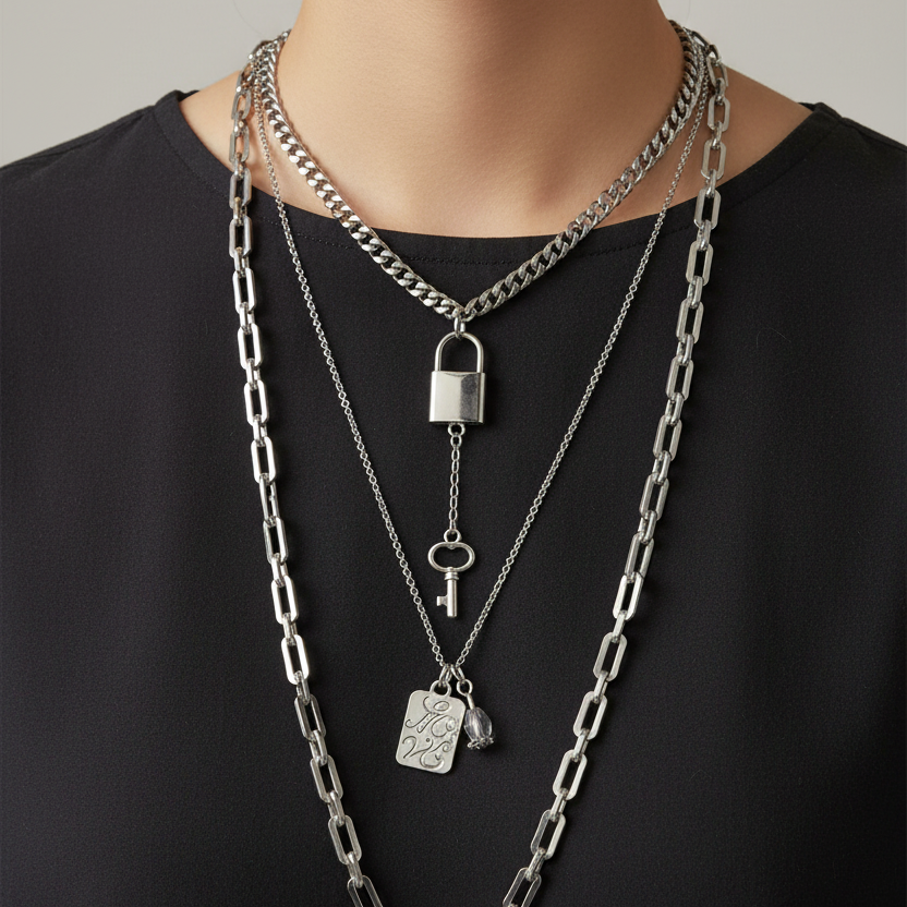 Multi-layered necklace with various pendants on a mannequin bust.